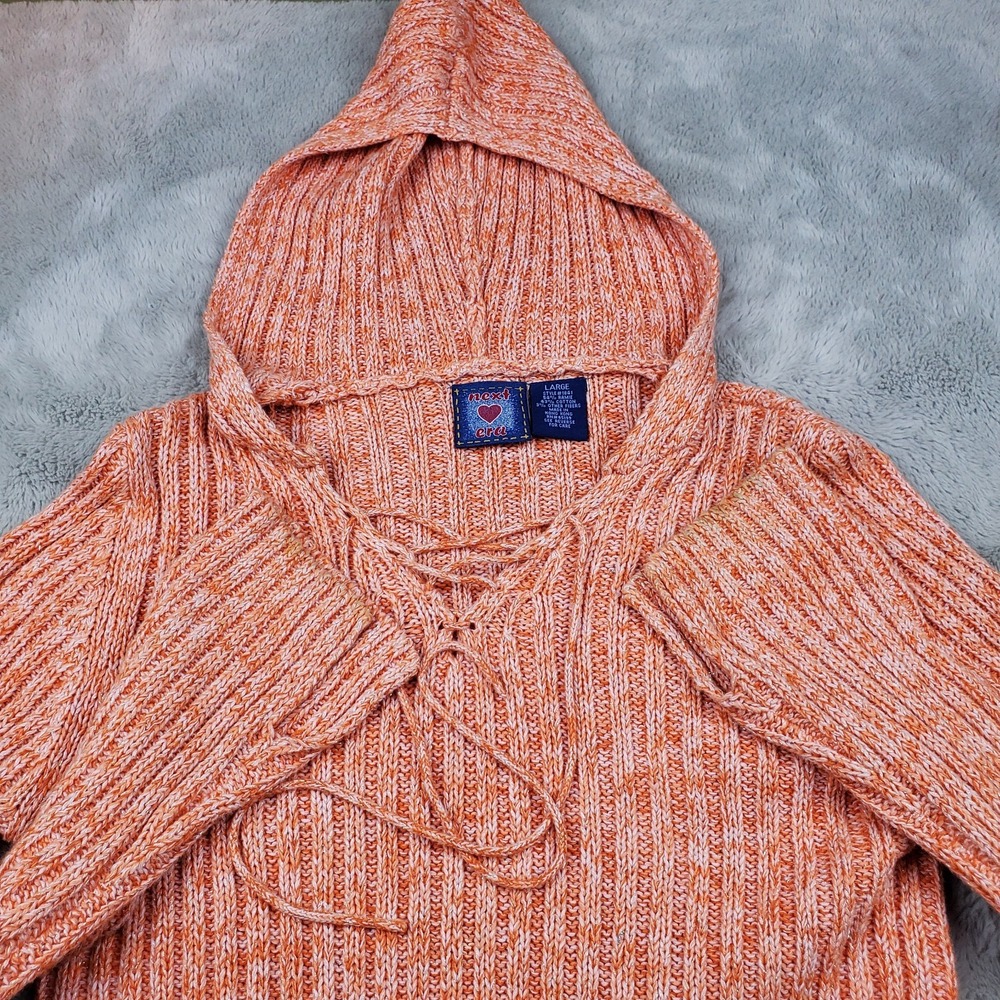 VTG Next Era Ramie Hoodie Womens L Y2K Lace Up Marled Knit Metallic Orange Pink